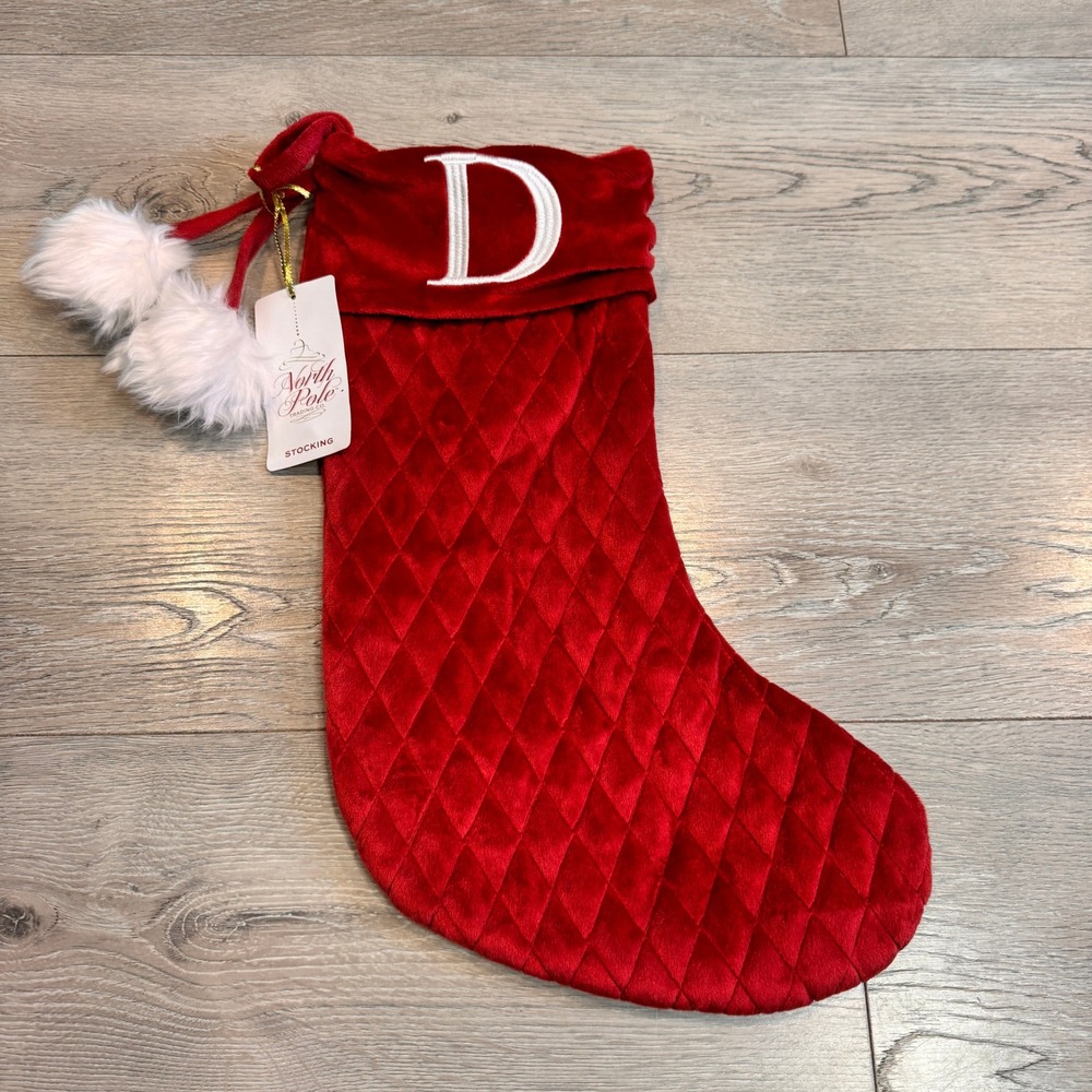 NWT North Pole Trading Co Red Velvet‎ Quilted Monogram D Christmas Stocking